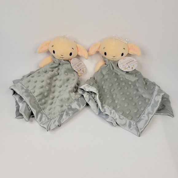 Lot 2 Harry Potter Dobby Plush Loveys Baby Security Blankets Toy Gray Satin Trim - Picture 1 of 9